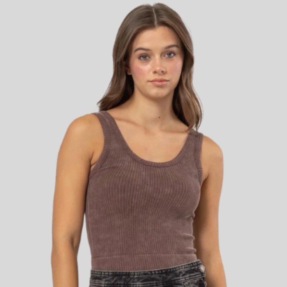 Plain Round Neck Ribbed Stone Washed Tank Tops - Color Brown